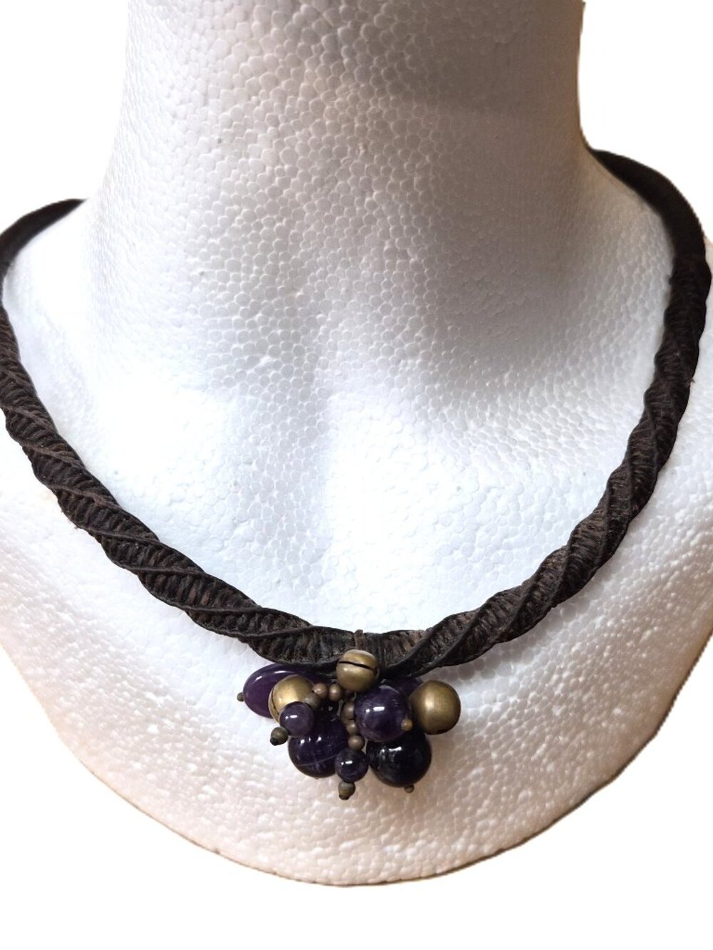VTG Amethyst Macrame Cord Boho Necklace Sterling Silver Clasp Fairycore Witchy